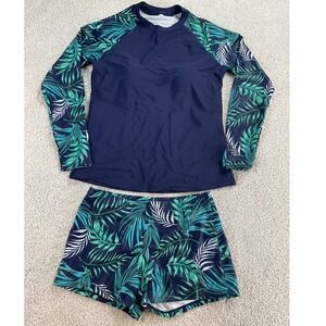 Daci Womens Long Sleeve Rash Guard Swimsuit Set Tropical Palm Navy Blue Size M
